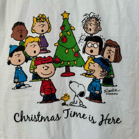Hanes White Peanuts Gang Christmas T-shirt Size L Snoopy Holiday Charlie Brown - Picture 2 of 6